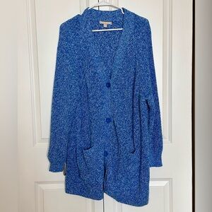 Woman Within Blue Cardigan Sweater